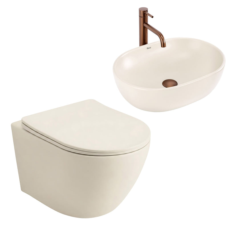 Set Vas WC Suspendat Focus + Lavoar pe Blat Rea Focus Creme - Ceramică sanitară - Ecru | SanitarePro