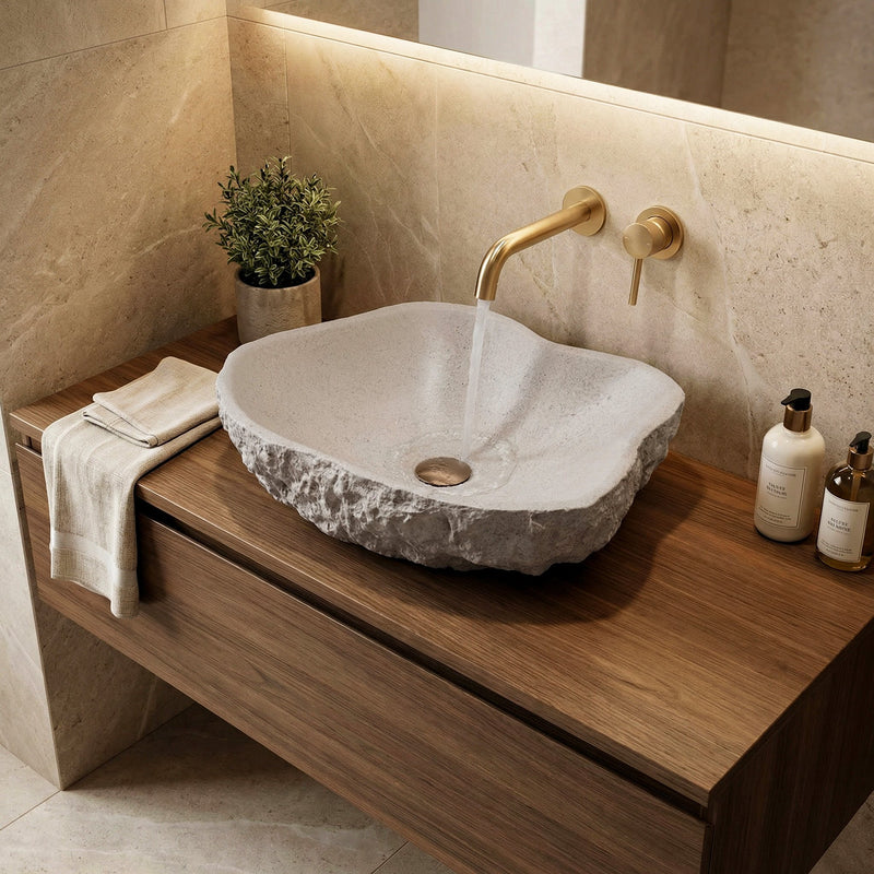 Lavoar pe blat Isla Beige - Artificial Stone (piatră compozită) - Bej, Imitație piatră | SanitarePro
