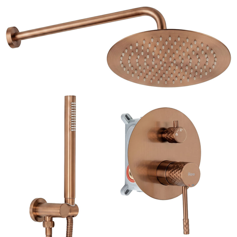 Set de dus incastrat Rea Lungo Diamond Brush Copper + BOX - Aluminiu, Alamă - Auriu periat | SanitarePro