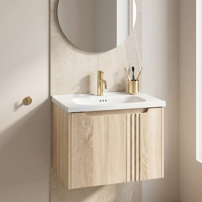 Dulap baie cu lavoar Rea Rivo DB86-60L-3 Light 60cm - Ceramică sanitară, Placaj - Bej | SanitarePro