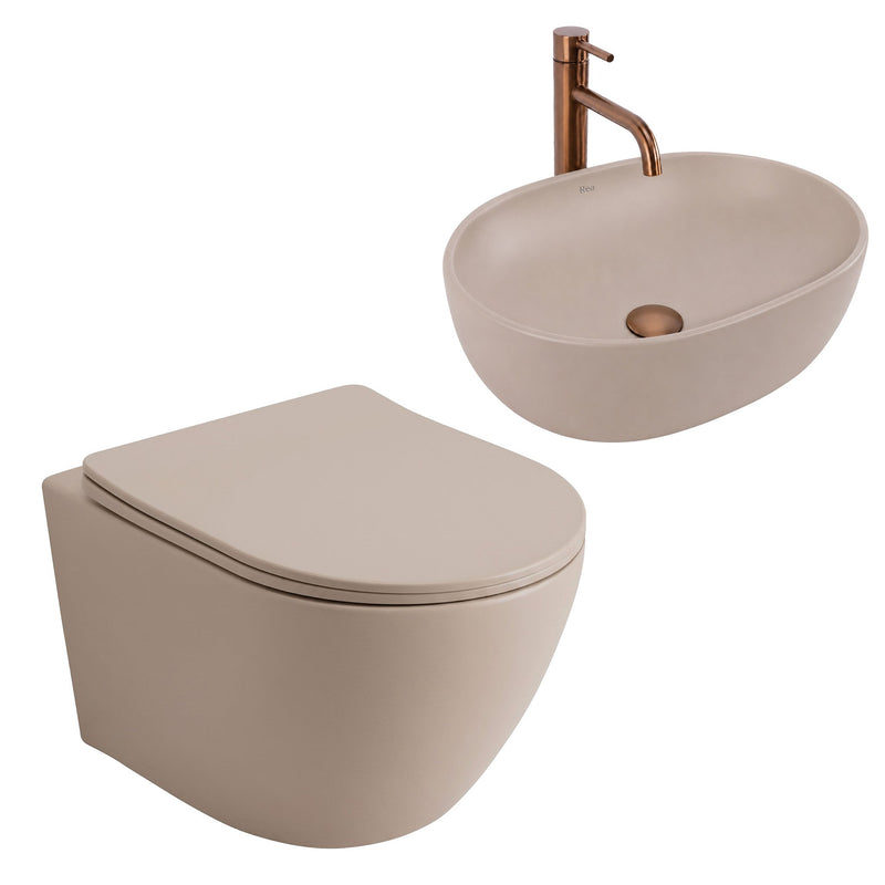 Set Vas WC Suspendat Focus + Lavoar pe Blat Rea Focus Taupe - Ceramică sanitară - Bej | SanitarePro