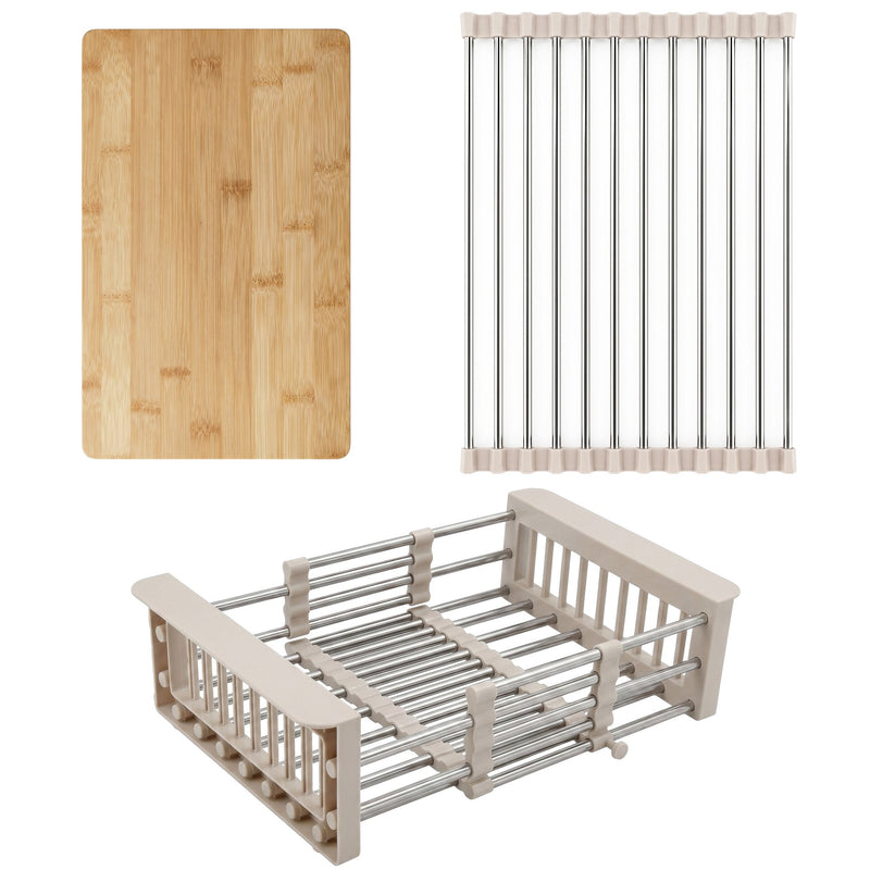 Set accesorii pentru chiuvetă de bucătărie 3 piese REA Beige - Otel, Lemn, Plastic - Bej | SanitarePro