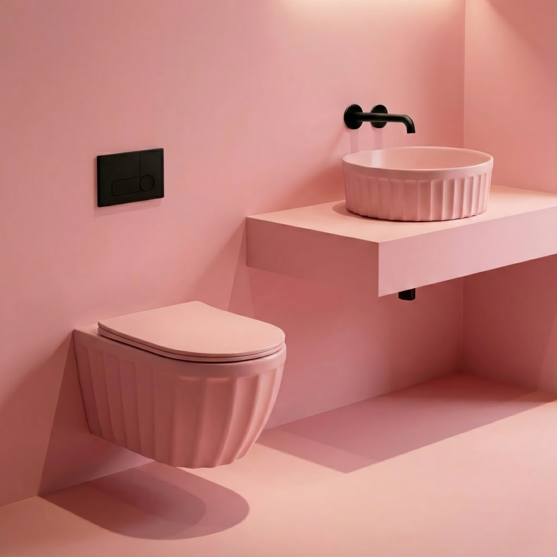 Set: Vas de toaletă suspendat + Lavoar pe blat Rea Duo Sweet Pink Matt