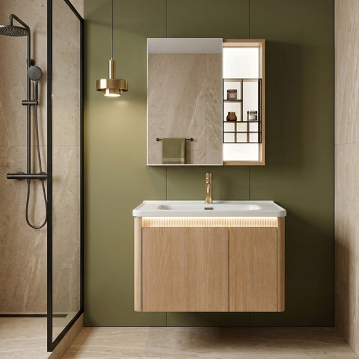 Set mobilier de baie cu lavoar Sora DE07-70 Oak 70CM - Aluminiu, Ceramică sanitară, Plastic - Maro | SanitarePro