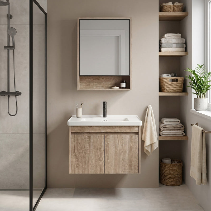 Set mobilier de baie cu lavoar Luno DB68-60 60CM - Ceramică sanitară, Plastic, Placaj - Bej, Maro | SanitarePro