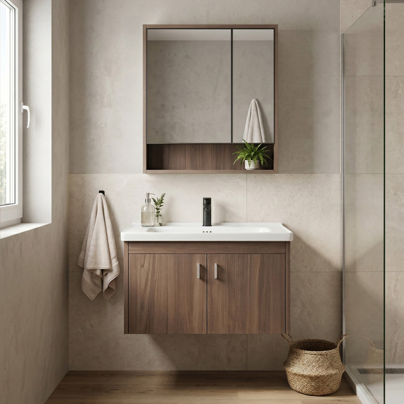 Set mobilier de baie cu lavoar Arvo DB66-70 70CM - Ceramică sanitară, Plastic, Placaj - Maro | SanitarePro