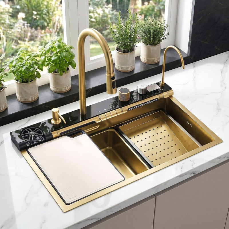 Chiuvetă multifuncțională din oțel 10 în 1 REA Alonzo Brush Gold - Oţel inoxidabil - Auriu periat | SanitarePro