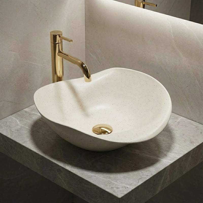 Lavoar ceramic pentru blat REA HM-34B Handmade ART - Ceramică sanitară - Bej, Imitație piatră | SanitarePro