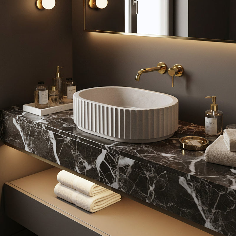 Lavoar pe blat Margaret Beige - Artificial Stone (piatră compozită) - Bej, Imitație piatră | SanitarePro