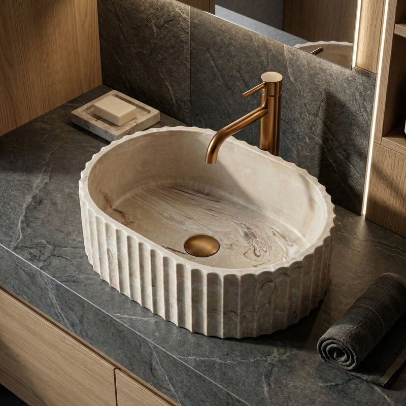 Lavoar pe blat Margaret Gio - Artificial Stone (piatră compozită) - Bej, Imitație piatră | SanitarePro