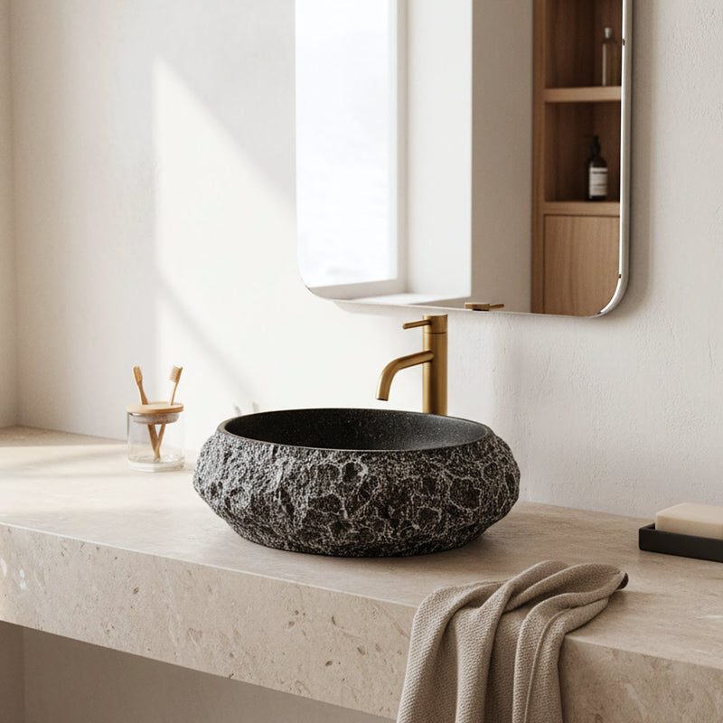 Lavoar pe blat Mika Gabro Black - Artificial Stone (piatră compozită) - Negru, Imitație piatră | SanitarePro
