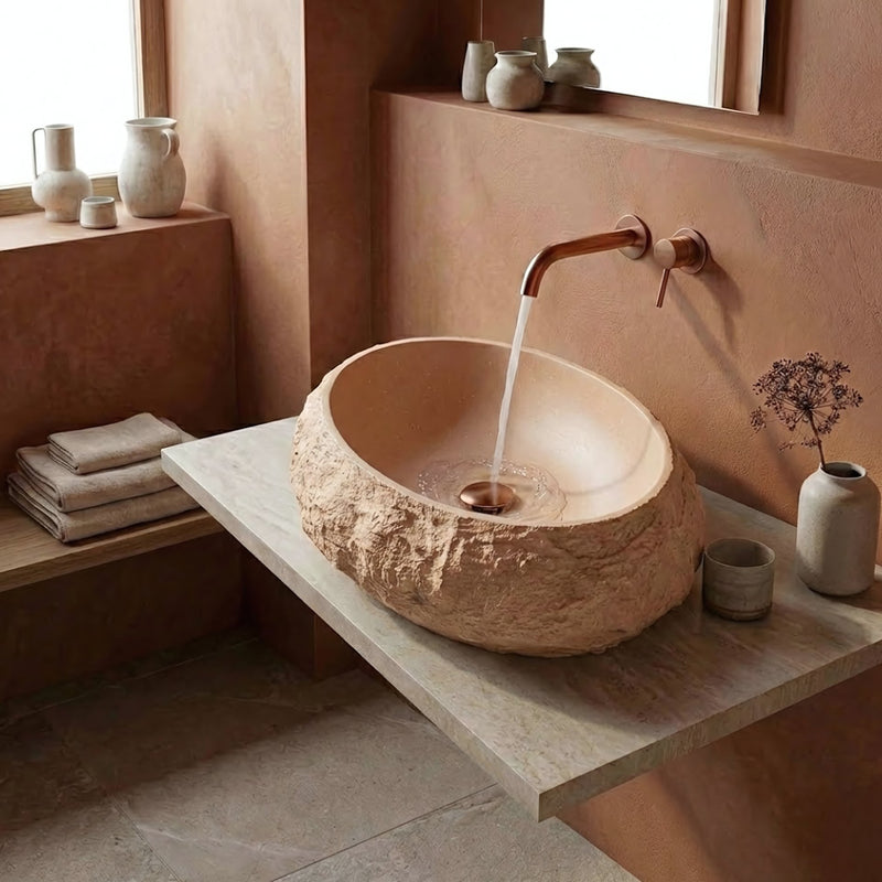 Lavoar pe blat Mika Light Terracotta - Artificial Stone (piatră compozită) - Bej, Imitație piatră, Portocaliu | SanitarePro