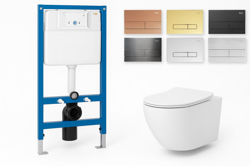 Set WC Suspendat Carlo Flat Mini + Cadru Rea K011A-Q - vas, cadru cu rezervor si 6 finisaje de clapeta