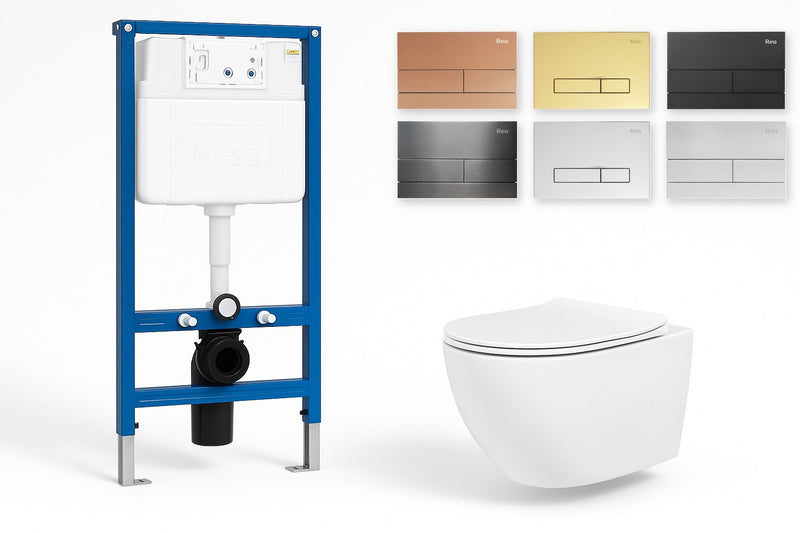Set WC Suspendat Rea Carlo Tornado Rimless Flat GOLD EDGE + Cadru Rea K011A-Q - vas, cadru cu rezervor si 6 finisaje de clapeta