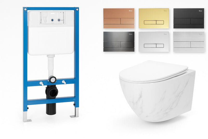 Set WC Suspendat Rea Carlos Nature Marble + Cadru Rea K011A-Q - vas, cadru cu rezervor si 6 finisaje de clapeta