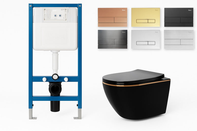 Set WC Suspendat Rea CARLO Mini Rimless Duroplast Flat Negru Auriu Edge + Cadru Rea K011A-Q - vas, cadru cu rezervor si 6 finisaje de clapeta