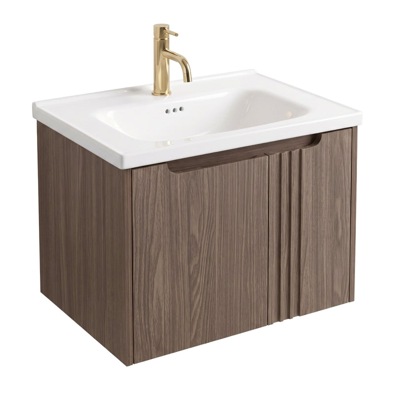 Dulap baie cu lavoar Rea Rivo DB86-60L-1 Dark 60cm - Ceramică sanitară, Placaj - Maro | SanitarePro