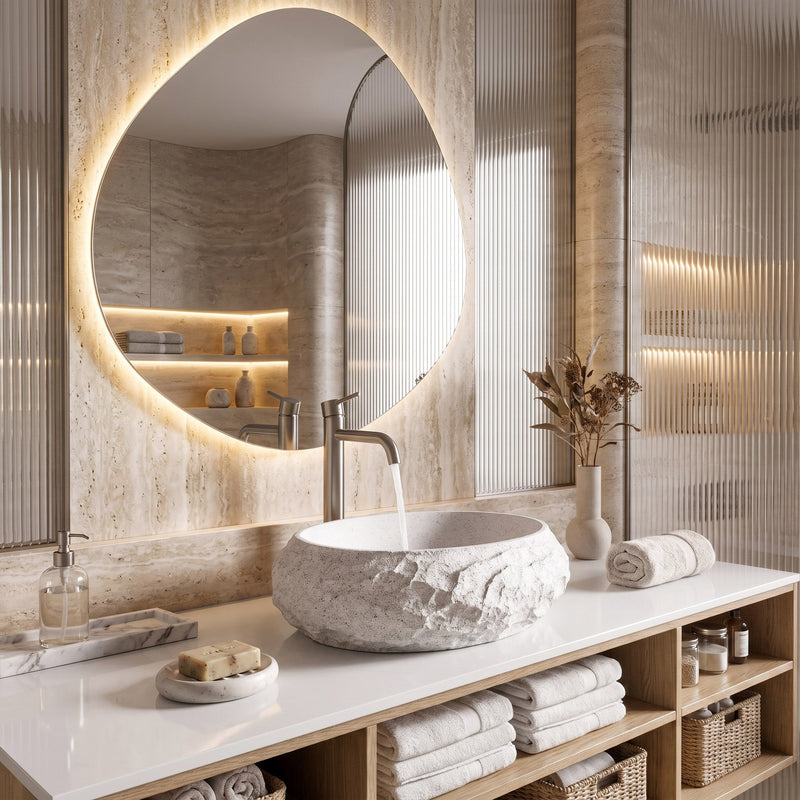 Lavoar pe blat Mika Cloudy - Artificial Stone (piatră compozită) - Alb, Imitație piatră | SanitarePro
