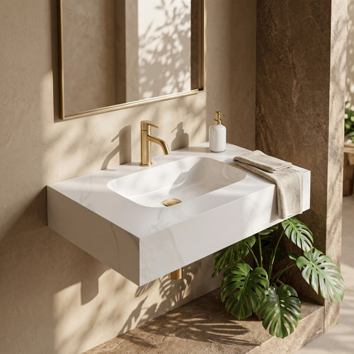 Lavoar suspendat REA Aresa Belt White 70 - Ceramică sanitară, Compozit din cuarț - Alb, Imitație piatră | SanitarePro