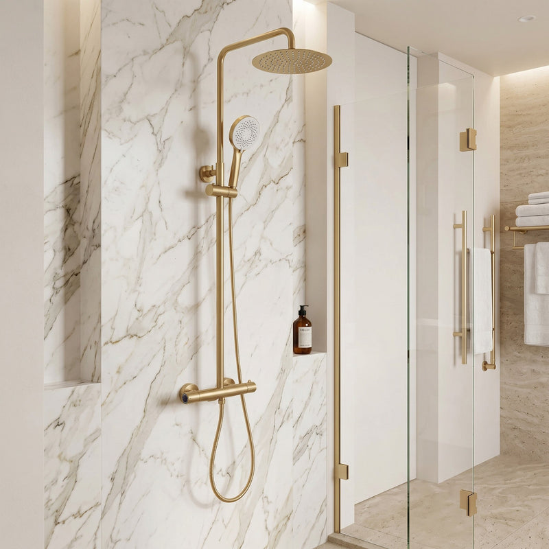 Coloana de dus cu termostat Drop Brush Gold - Alamă, ABS - Auriu periat | SanitarePro