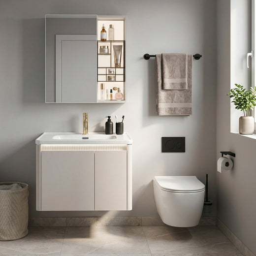 Set mobilier de baie cu lavoar Sora DE07-60 Beige 60CM - Aluminiu, Ceramică sanitară, Plastic - Bej, Gri | SanitarePro