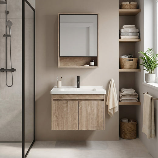 Set mobilier de baie cu lavoar Luno DB68-60 60CM - Ceramică sanitară, Plastic, Placaj - Bej, Maro | SanitarePro