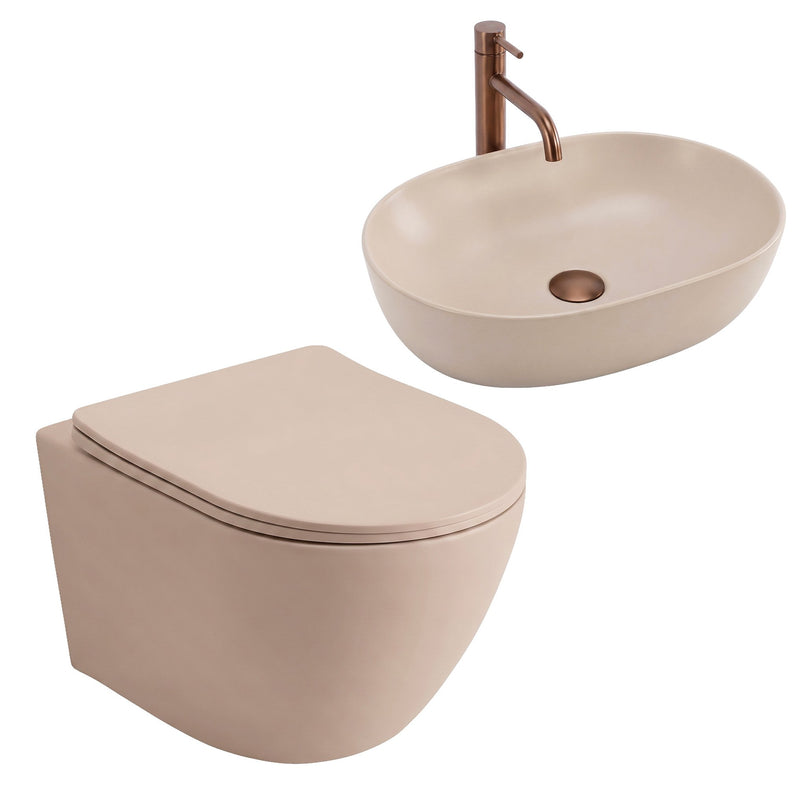 Set Vas WC Suspendat Focus + Lavoar pe Blat Rea Focus Taupe - Ceramică sanitară - Bej, Maro | SanitarePro