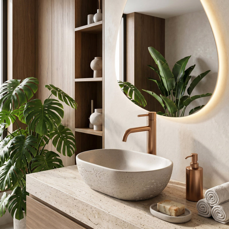 Lavoar pe blat Mira Greige - Artificial Stone (piatră compozită) - Bej, Imitație piatră | SanitarePro