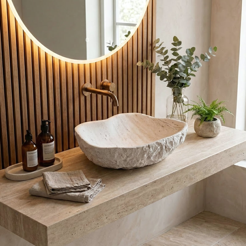 Lavoar pe blat Isla Shiro - Artificial Stone (piatră compozită) - Alb, Bej, Imitație piatră | SanitarePro