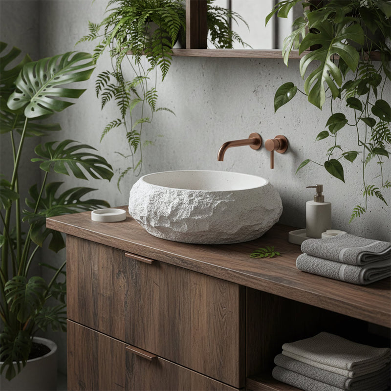 Lavoar pe blat Mika Ivory - Artificial Stone (piatră compozită) - Alb, Ecru, Imitație piatră | SanitarePro