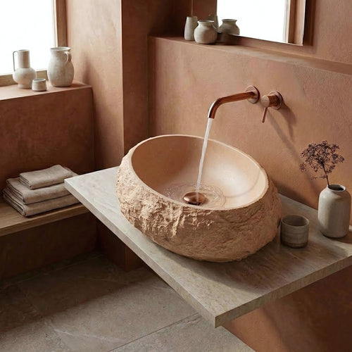 Lavoar pe blat Mika Light Terracotta - Artificial Stone (piatră compozită) - Bej, Imitație piatră, Portocaliu | SanitarePro