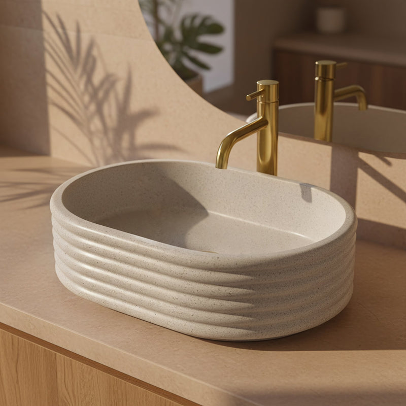 Lavoar pe blat Nicoletta Beige - Artificial Stone (piatră compozită) - Bej, Imitație piatră | SanitarePro