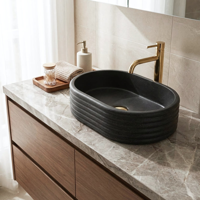 Lavoar pe blat Nicoletta Black - Artificial Stone (piatră compozită) - Negru, Imitație piatră | SanitarePro