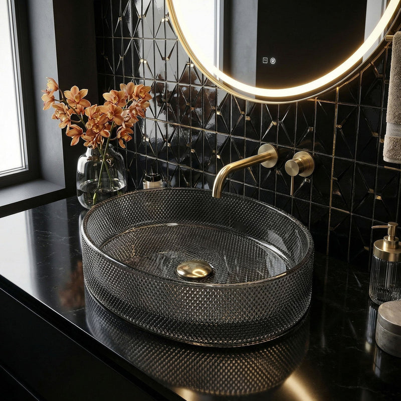 Lavoar pe blat REA Mirella Black - Sticla securizata - Negru | SanitarePro