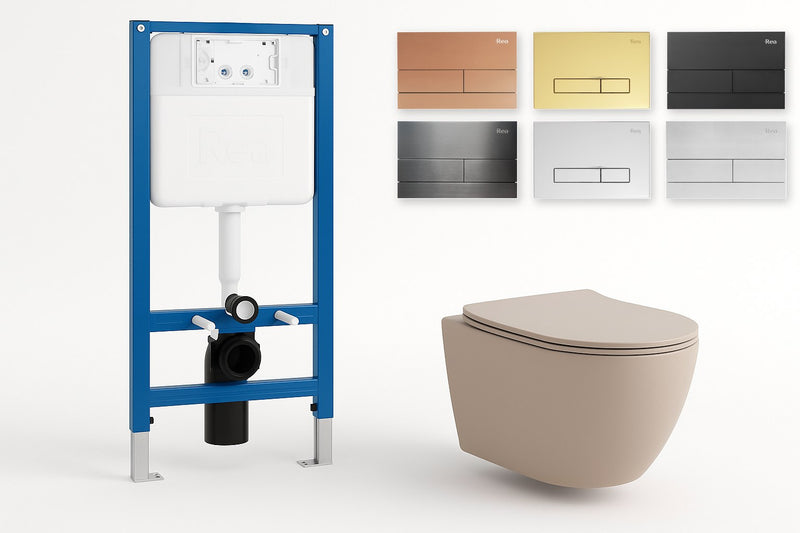 Set WC Suspendat REA Focus Tornado Taupe + Cadru Rea K011A-Q - vas, cadru cu rezervor si 6 finisaje de clapeta