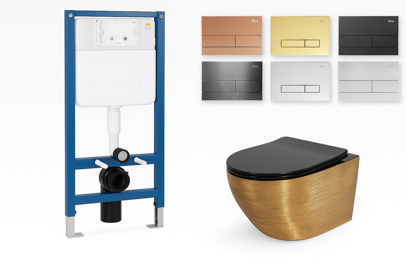 Set WC Suspendat Rea Carlo Mini Tornado Negru Auriu periat + Cadru Rea K011A-Q - vas, cadru cu rezervor si 6 finisaje de clapeta