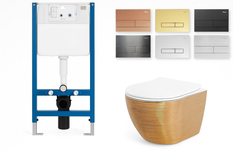 Set WC Suspendat Carlo Flat Auriu periat Alb/Auriu + Cadru Rea K011A-Q - vas, cadru cu rezervor si 6 finisaje de clapeta