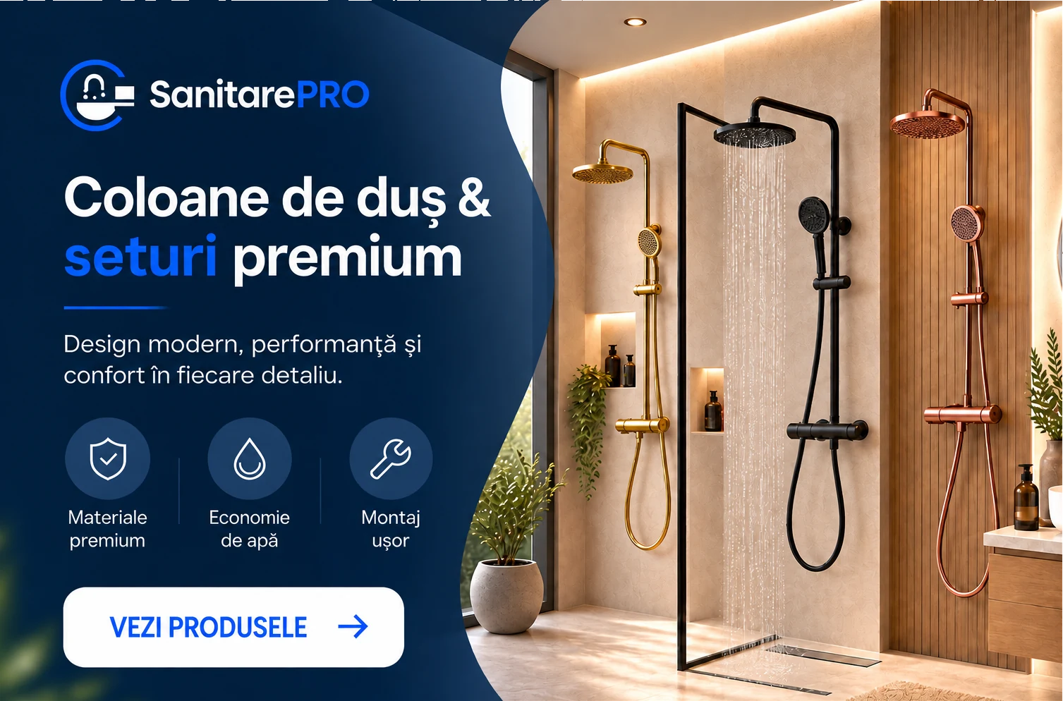 Coloane de duș și seturi de duș premium REA în finisaje auriu, negru și cupru — SanitarePRO
